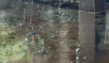 在 《言叶之庭》里,雨滴打在石阶,弹起水窝.