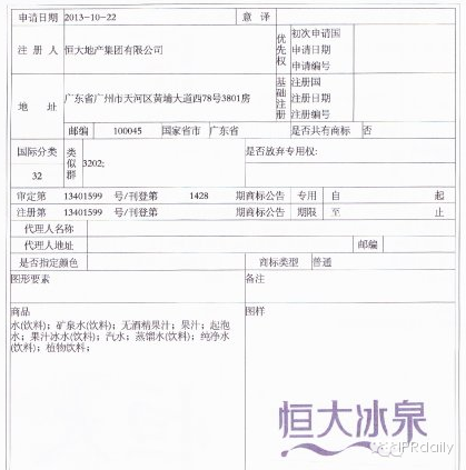 "恒大冰泉"商標初審通過！將與"恒大"商標共存！