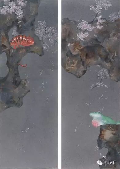 李娜，漫游者之一、二，115×40cm×2，纸本水墨，2015