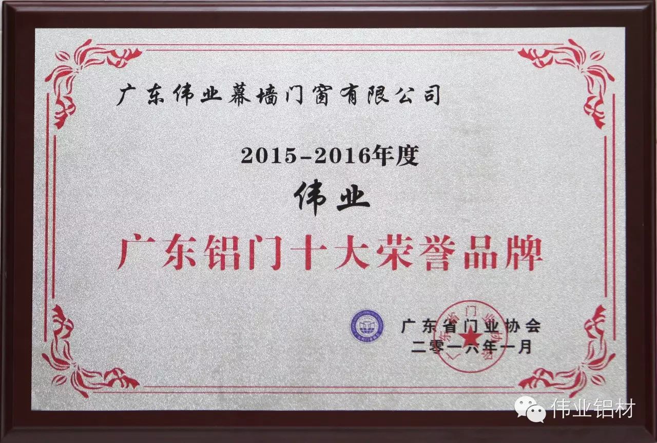 偉業(yè)鋁廠獲“廣東鋁門十大榮譽品牌”