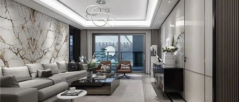 199㎡大居室，以现代风格的空间基调，加入大理石，在细节上加入金属质感的装饰点缀，为主人营造出一种华丽高级的档次空间感