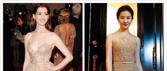 刘亦菲和安妮海瑟薇同穿金色礼服，网友：仙女脸和公主脸都好美