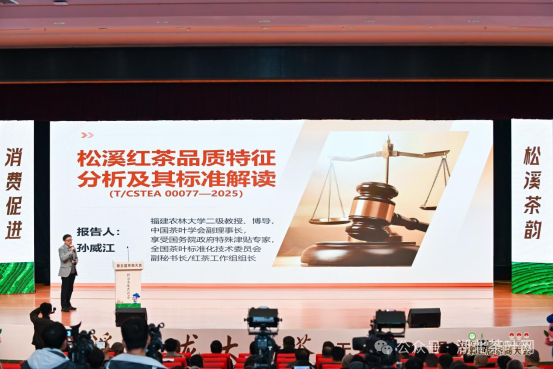 △中国茶叶学会副理事长、中国茶叶学会标准化工作委员会主任委员、福建省茶产业标准化技术委员会副主任委员兼秘书长孙威江发布并解读《松溪红茶》团体标准（“说茶”摄）