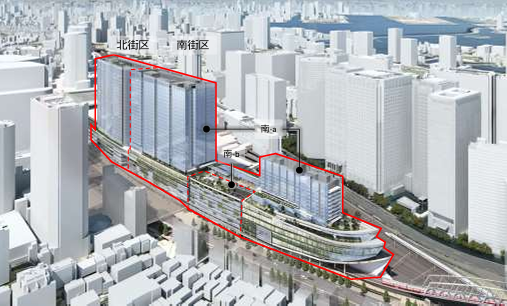 計画の位置図と外観イメージ。これに伴い、現在は高架になっている京急品川駅はJR品川駅と同じく地平化に変更。建物内に配置される。 出所：プレスリリース